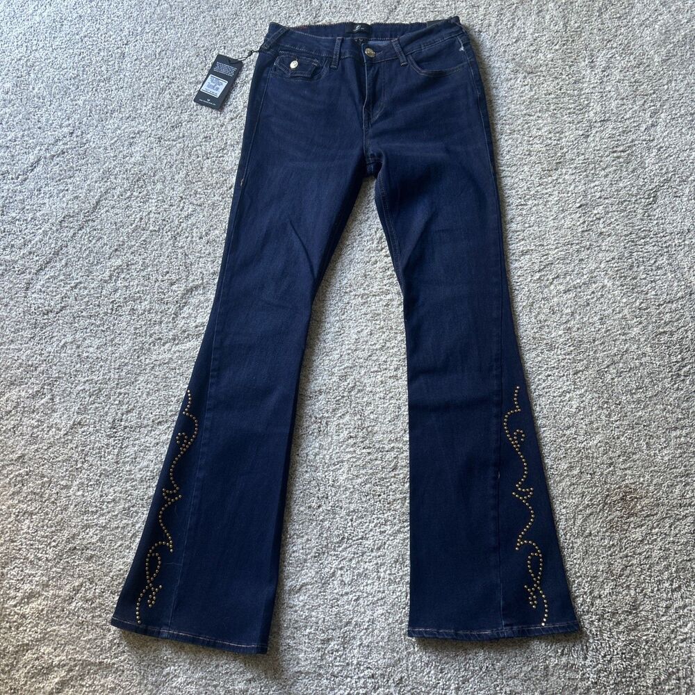 True Religion Joey Studded Flare Leg Jeans Women's 29 Dark Oak Wash Flap Pockets